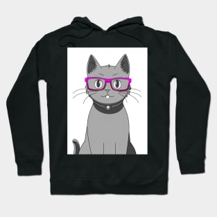 Cute Grey Cat with Nerdy Pink Glasses - Anime Wallpaper Hoodie